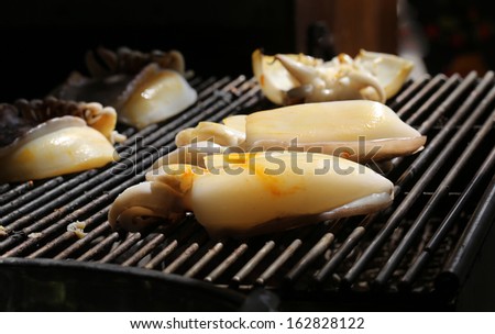 Many of grilled squid in thai market, Delicious grilled squids