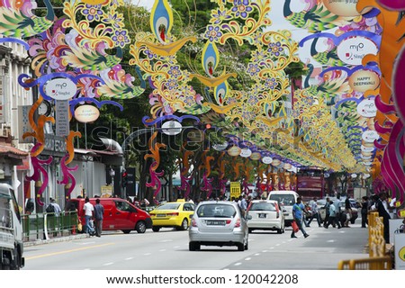 SINGAPORE - NOV 04 : Colorful Banners were hung in Little India to celebrate the Indian festival - Deepavali, popularly known as the 
