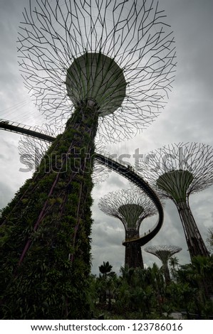 SINGAPORE - NOV 05 : A silhouette view of The Supertree Grove at Gardens by the Bay on Nov 05, 2012 in Singapore. Spanning 101 hectares, and five-minute walk from Bayfront MRT Station.