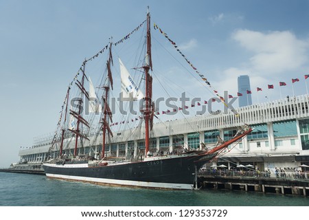 HONG KONG - FEBRUARY 23 : The Sedov, a 92-year-old, 117.5-metre-long  windjammer, stops off in Hong Kong on February 23 , 2013. This Russian ship is the largest sailing ship in the world.