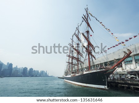 HONG KONG - FEBRUARY 23 : The Sedov, a 92-year-old, 117.5-metre-long windjammer, stops off in Hong Kong on February 23 , 2013. This Russian ship is the largest sailing ship in the world.