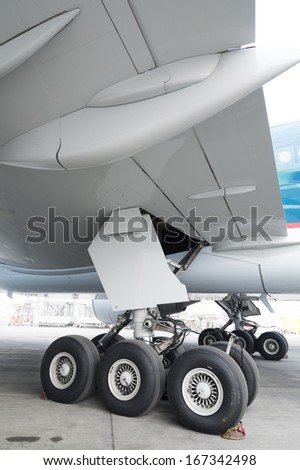 Close up of aircraft wheel at the hangar
