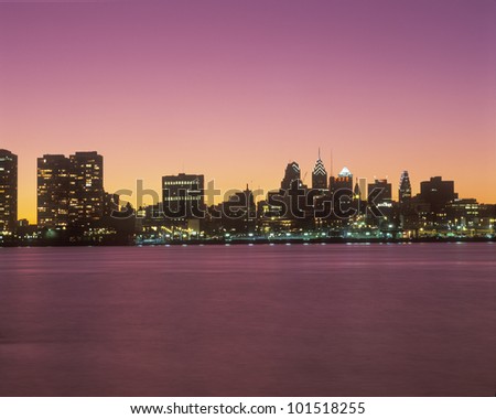 Sunset view of skyline of Philadelphia, Pennsylvania from the Delaware River