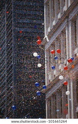 This is a Ticker Tape Parade showing the Desert Storm Victory Parade. It took place in the Canyon of Heroes where about 4.7 million people attended. This shows balloons and ticker tape.