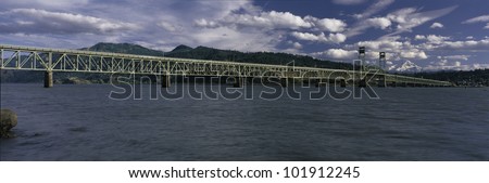 This is the Hood River Toll Bridge that crosses over the Columbia River. Mt. Hood is in the background. This is looking toward Oregon at the border.
