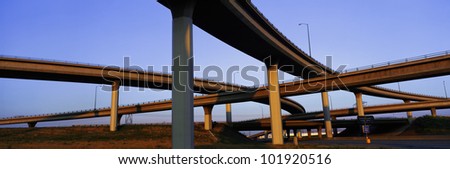 This is a freeway overpass intersection. It is the Interstate 10 & 15 in Southern California. The freeway criss-crosses over itself in several different directions.