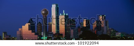 This is the Dallas skyline at dusk.