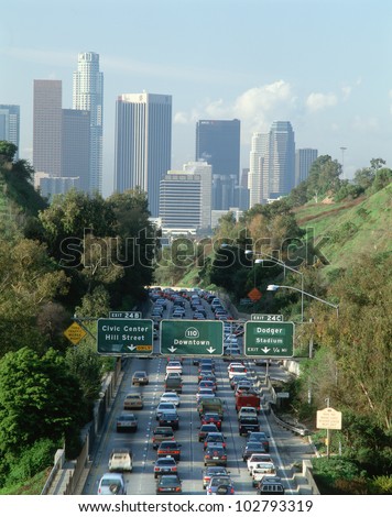 Morning rush hour traffic on Pasadena Freeway into downtown Los Angeles, California