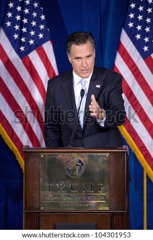 LAS VEGAS FEB 2 Mitt Romney gestures as he speaks at the Trump hotel on February 2 2012 in Las Vegas Nevada Donald Trump is endorsing Romney for president. LAS VEGAS FEB 2 Mitt Romney gestures as he speaks at the Trump hotel on February 2 2012 in Las Vegas Nevada Donald Trump is endorsing Romney for president.