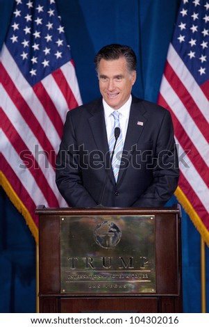 LAS VEGAS - FEB 2: Mitt Romney speaks at the Trump Hotel on February 2, 2012 in Las Vegas, Nevada. Donald Trump (off camera) is endorsing Romney for president.