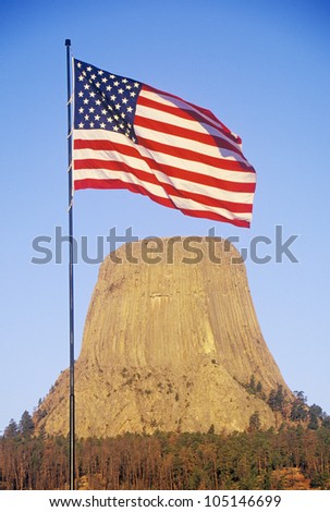 Devil\'s Tower National Monument and an American Flag, Wyoming