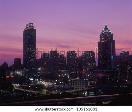 State Capitol and downtown skyline at sunset in Atlanta, Georgia