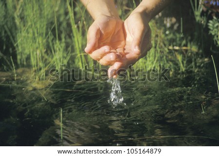 A pair of hands entering a river to get clean water