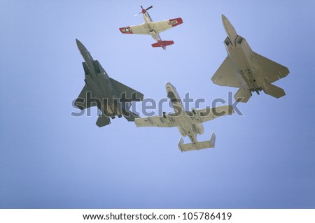 APRIL 2007 - United States Air Force on its 50th anniversary featuring heritage flight with four vintage planes, at Ventura County Air Show at Point Mugu, Ventura County, Southern California.