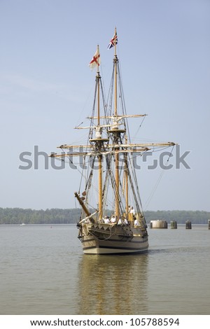 VIRGINIA - MAY 12: The Susan Constant, Godspeed and Discovery, re-creations of the three ships that brought English colonists to Virginia in 1607, sailing down the James River on May 12, 2007.