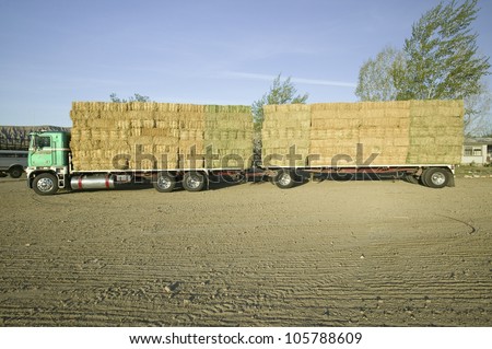 APRIL 2007 - Parked truck loaded with neatly stacked hay bales near Cuyama, California