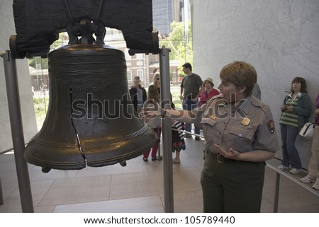 MAY 2007 - A National Park Ranger explaining the crack in the Liberty Bell in Liberty Bell Center, Philadelphia, Pennsylvania