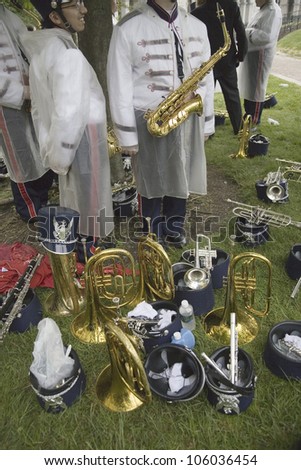 MAY 2007 - Marching band instruments standing on wet grass during rain storm outside of Virginia State Capitol, Richmond Virginia
