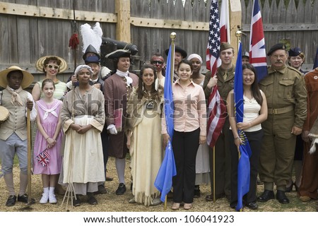 Panoramic portrait of past and present Americans as they stand in the James Fort, Jamestown Settlement, as part of the 400th Anniversary of Jamestown Colony, Virginia, on May 4, 2007
