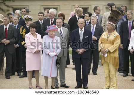 Her Majesty Queen Elizabeth II and the Duke of Edinburgh, Prince Philip, Virginia Governor Timothy M. Kaine and First Lady Anne Holton observing Native American Indian Ceremony, Virginia May 3, 2007