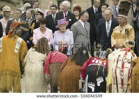 Her Majesty Queen Elizabeth II and Prince Philip, Virginia Governor Timothy M. Kaine and First Lady Anne Holton observing Native American Indian Ceremony, Richmond Virginia, May 3, 2007