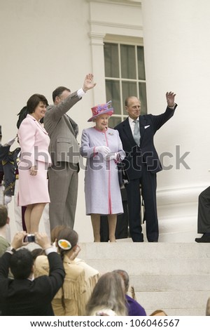 Anne Holton, Governor Timothy M. Kaine, Her Majesty Queen Elizabeth II and Prince Philip waving, Richmond Virginia, as part of the 400th anniversary of the Jamestown Settlement, May 3, 2007