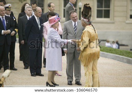 Her Majesty Queen Elizabeth II, Prince Philip and Virginia Governor Timothy M. Kaine meeting Powhatan Tribal Member, Virginia as part of the 400th anniversary of the Jamestown Settlement, May 3, 2007