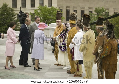 Her Majesty Queen Elizabeth II, Prince Philip, Governor Timothy M. Kaine and his wife Anne Holton meeting Powhatan Tribal Member, Richmond Virginia, May 3, 2007