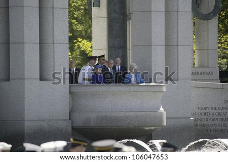 Her Majesty Queen Elizabeth II, Prince Philip the Duke of Edinburgh, former President George H.W. Bush and Barbara Bush overlooking National World War II Memorial, Washington, DC, May 8, 2007
