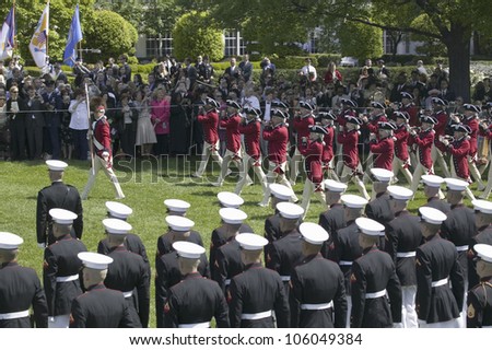 The U.S. Army Old Guard Fife and Drum Corps marching across the South Lawn during the Arrival Ceremony for Her Majesty Queen Elizabeth II and His Royal Highness The Prince Philip, May 7, 2007