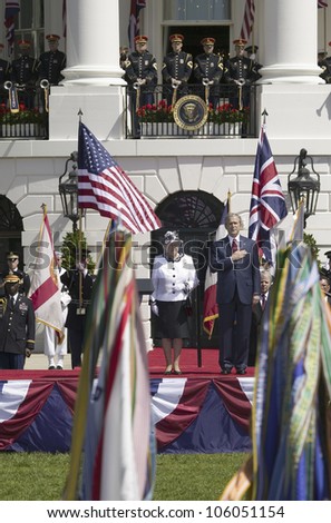 Military branches standing at attention for the National Anthem in front of the South Lawn of the White House for the May 7, 2007