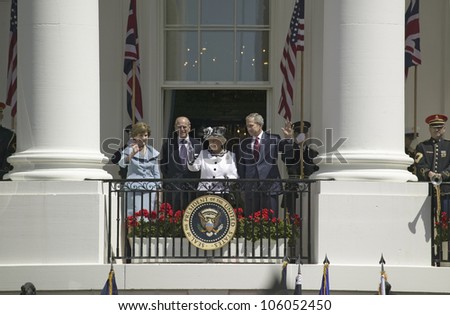 From left to right, First Lady Laura Bush, Prince Philip, Queen Elizabeth II and President George W. Bush waving from the Truman Balcony May 7, 2007, Washington, DC