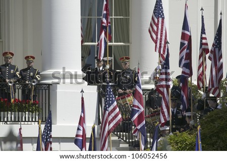 Display of British Union Jack Flag and American Flags in front of the South Portico of the White House, May 7, 2007
