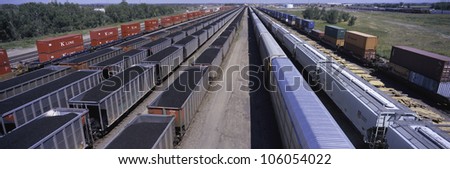 AUGUST 2007 - Panoramic view of freight cars at Union Pacific\'s Bailey Railroad Yards, North Platte, Nebraska, the worlds largest classification railroad yard