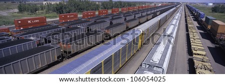 AUGUST 2007 - Panoramic view of freight cars at Union Pacific\'s Bailey Railroad Yards, North Platte, Nebraska, the worlds largest classification railroad yard
