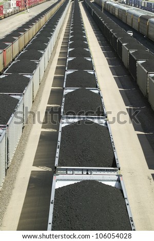 AUGUST 2007 - Elevated view of freight cars with coal at Union Pacific\'s Bailey Railroad Yards, North Platte, Nebraska, the worlds largest classification railroad yard