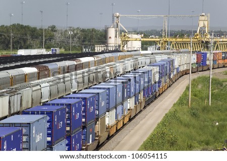 AUGUST 2007 - Elevated view of freight cars at Union Pacific\'s Bailey Railroad Yards, North Platte, Nebraska, the worlds largest classification railroad yard