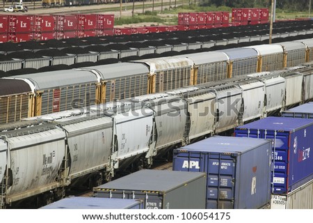 AUGUST 2007 - Elevated view of freight cars at Union Pacific\'s Bailey Railroad Yards, North Platte, Nebraska, the worlds largest classification railroad yard