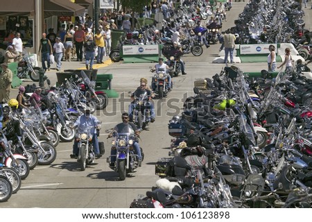 Elevated view of Main Street with motorcycles lining road at the 67th Annual Sturgis Motorcycle Rally, Sturgis, South Dakota, August 6-12, 2007