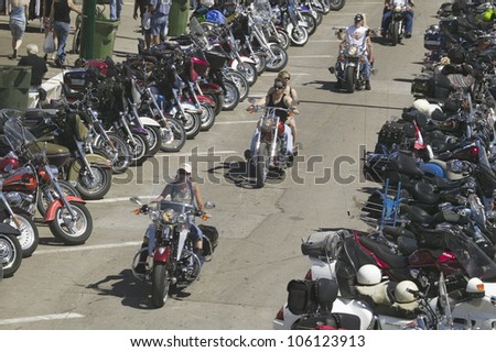 Elevated view of Main Street with motorcycles lining road at the 67th Annual Sturgis Motorcycle Rally, Sturgis, South Dakota, August 6-12, 2007