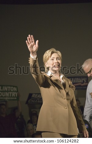 U.S. Senator, Former First Lady and Presidential Candidate, Hillary Clinton, waving to crowd at rally following Iowa Democratic Presidential Debate, Drake University, Des Moines, Iowa, August 19, 2007