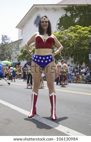 Wonder Woman imitator at annual Summer Solstice Celebration and Parade June 2007, since 1974, Santa Barbara, California