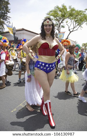 Wonder Woman imitator at annual Summer Solstice Celebration and Parade June 2007, since 1974, Santa Barbara, California