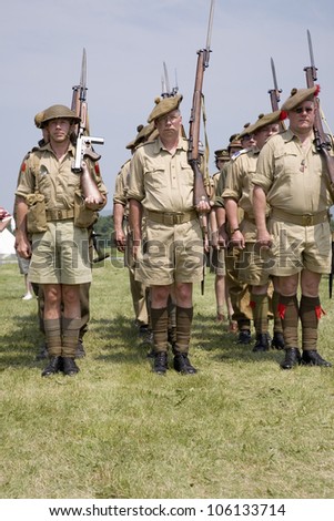 World War II reenactment of troops at attention of Great Britain at Mid-Atlantic Air Museum World War II Weekend and Reenactment in Reading, PA held June 18, 2008