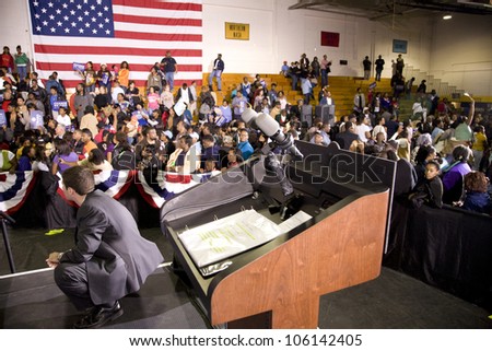 Michelle Obama\'s speaking podium during Barack Obama Presidential Rally, October 29, 2008 in Rocky Mount High School, North Carolina