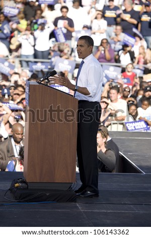 US Senator Barack Obama speaking from podium at Early Vote for Change Presidential rally, October 25, 2008 at Bonanza High School, Judy K. Cameron Stadium in Las Vegas, NV