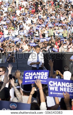 US Senator Barack Obama leaving stage at Early Vote for Change Presidential rally, October 25, 2008 at Bonanza High School, Judy K. Cameron Stadium in Las Vegas, NV