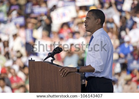 US Senator Barack Obama speaking from podium at Early Vote for Change Presidential rally, October 25, 2008 at Bonanza High School, Judy K. Cameron Stadium in Las Vegas, NV