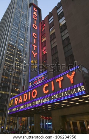 NOVEMBER 2005 - Neon lights of Radio City Music Hall at Rockefeller Center, New York City, New York