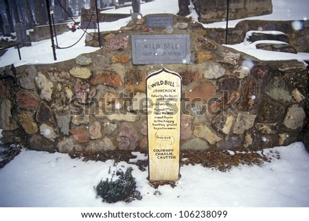 FEBRUARY 2005 - Grave site of Wild Bill Hickock, infamous outlaw in Mount Moriah Cemetery, Deadwood, SD in winter snow